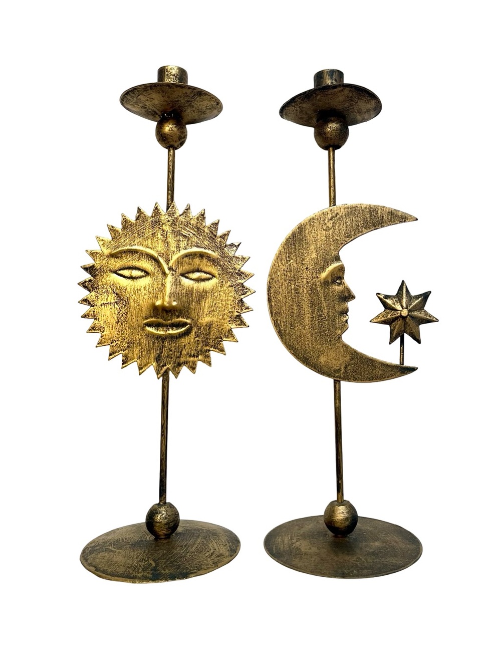 16” Celestial Sun Moon Star Brass Tone Taper Candle Holders Pair